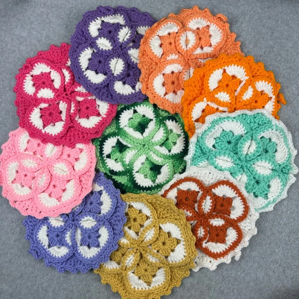 Vtg 1970 Handmade Crochet Hot Pads Potholders Set of 10 Multi Color Floral Petal